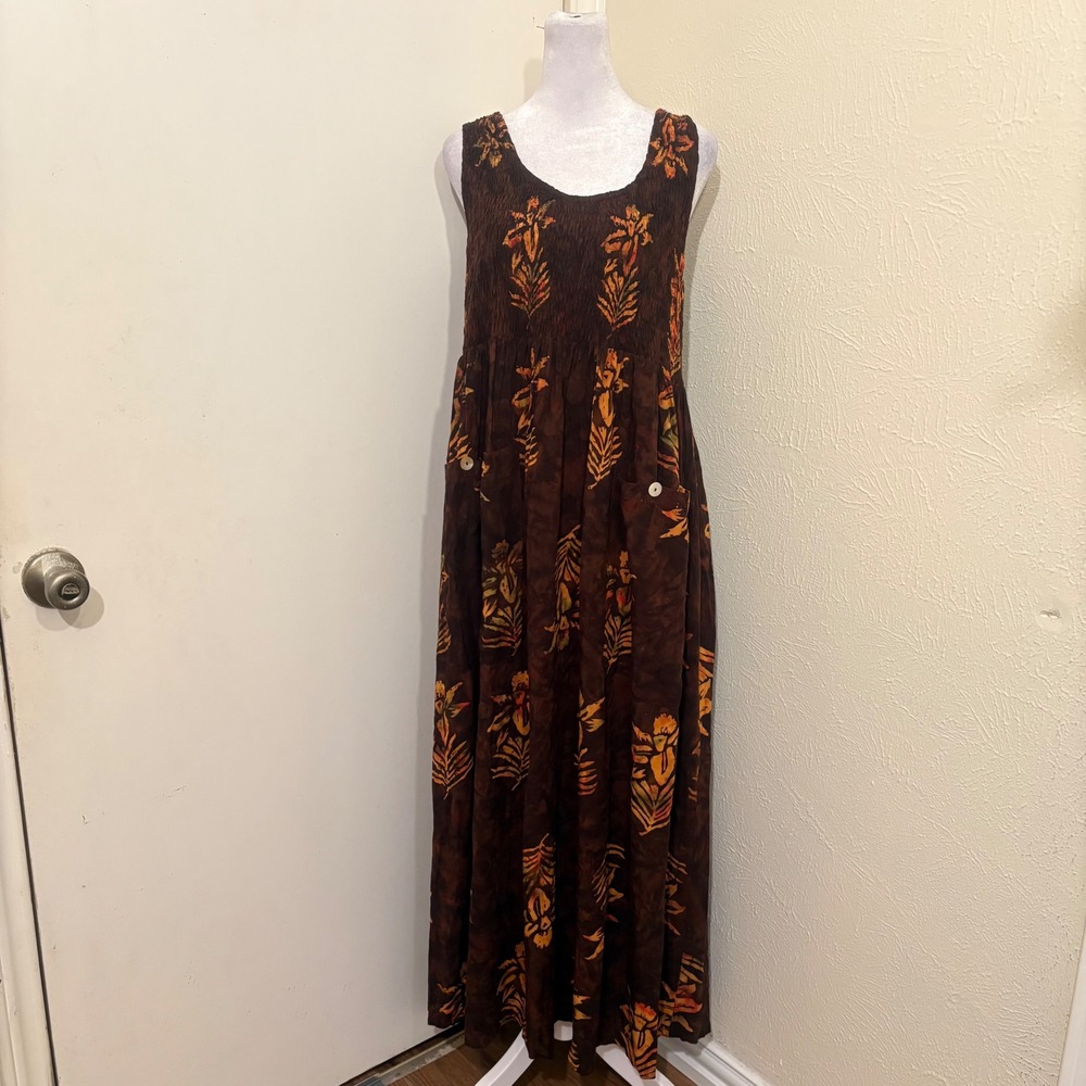Lotus Traders Brown Batik Floral Smocked Maxi Dress Sleeveless Rayon One Size